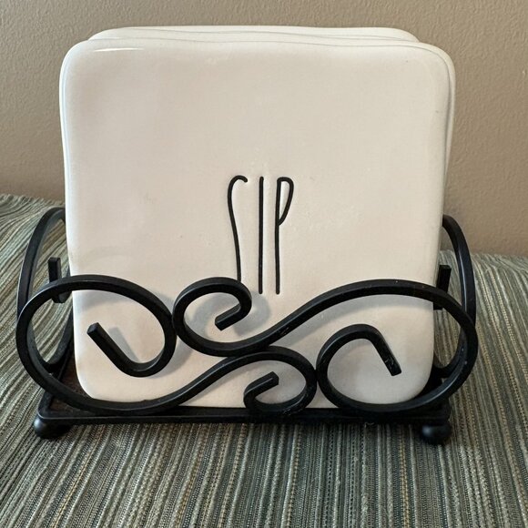 Set of 4 RAE DUNN coasters in wrought iron stand sip slurp drink gulp - Picture 1 of 3